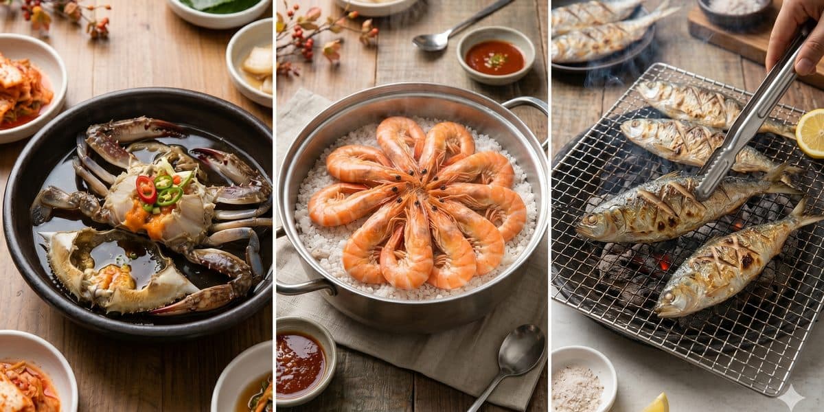 Blue crab, gizzard shad, large prawns — Korean autumn seafood